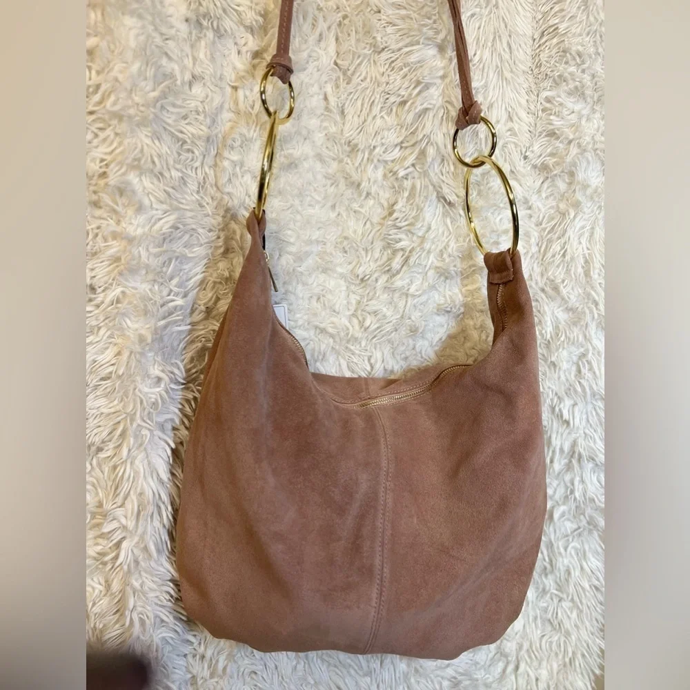 🩷NWT-MARLON GORGEOUS Made In Italy Genuine Suede Leather Circle Handle Hobo🩷